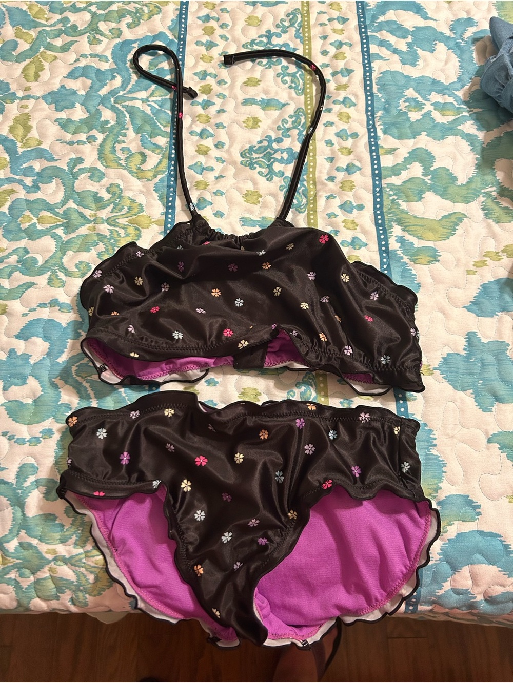Kids Floral Ruffle Bandeau Bikini Set - Black with Pink Lining